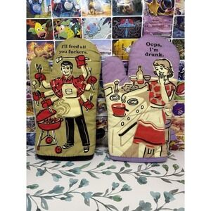 Blue Q Funny Oven Mitts Set of 2 "I'll Feed All You F*ckers" & "Oops I'm Drunk"
